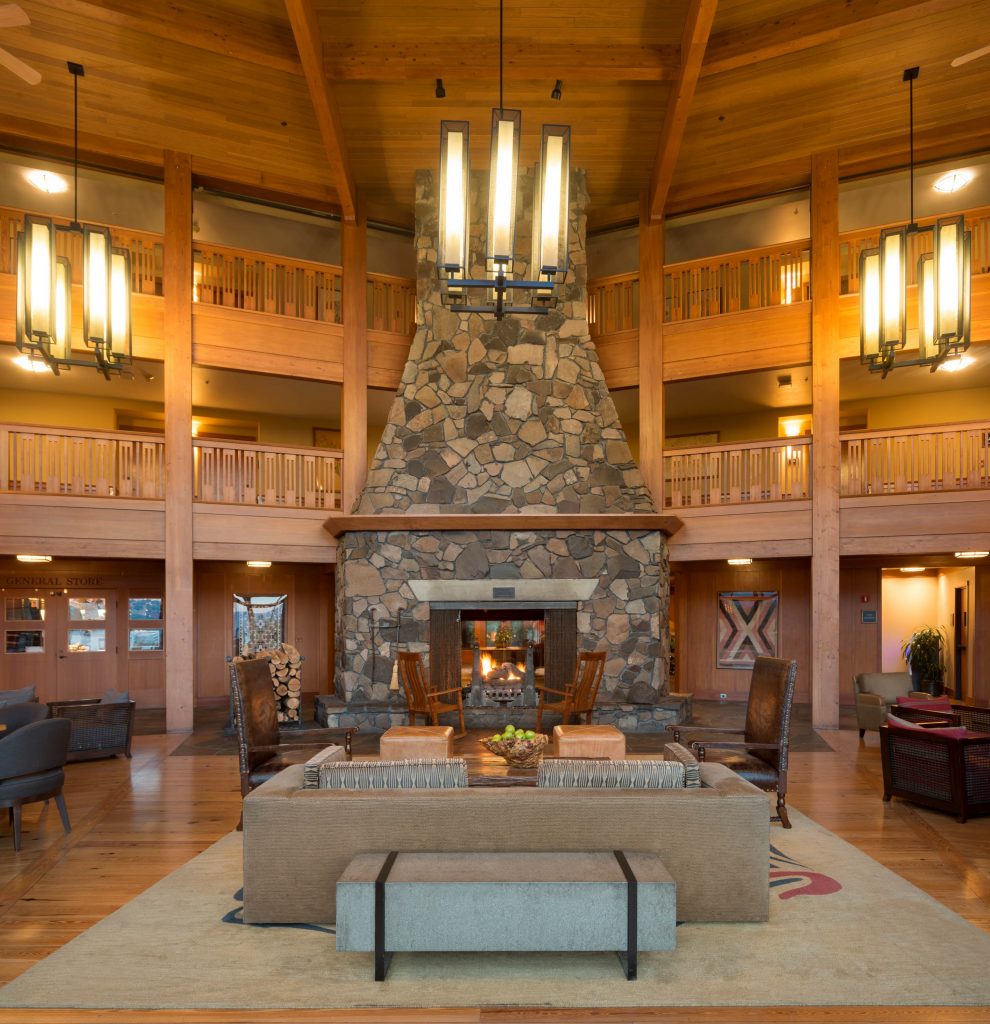 Fireplace and sitting area in great room at Skamania Lodge